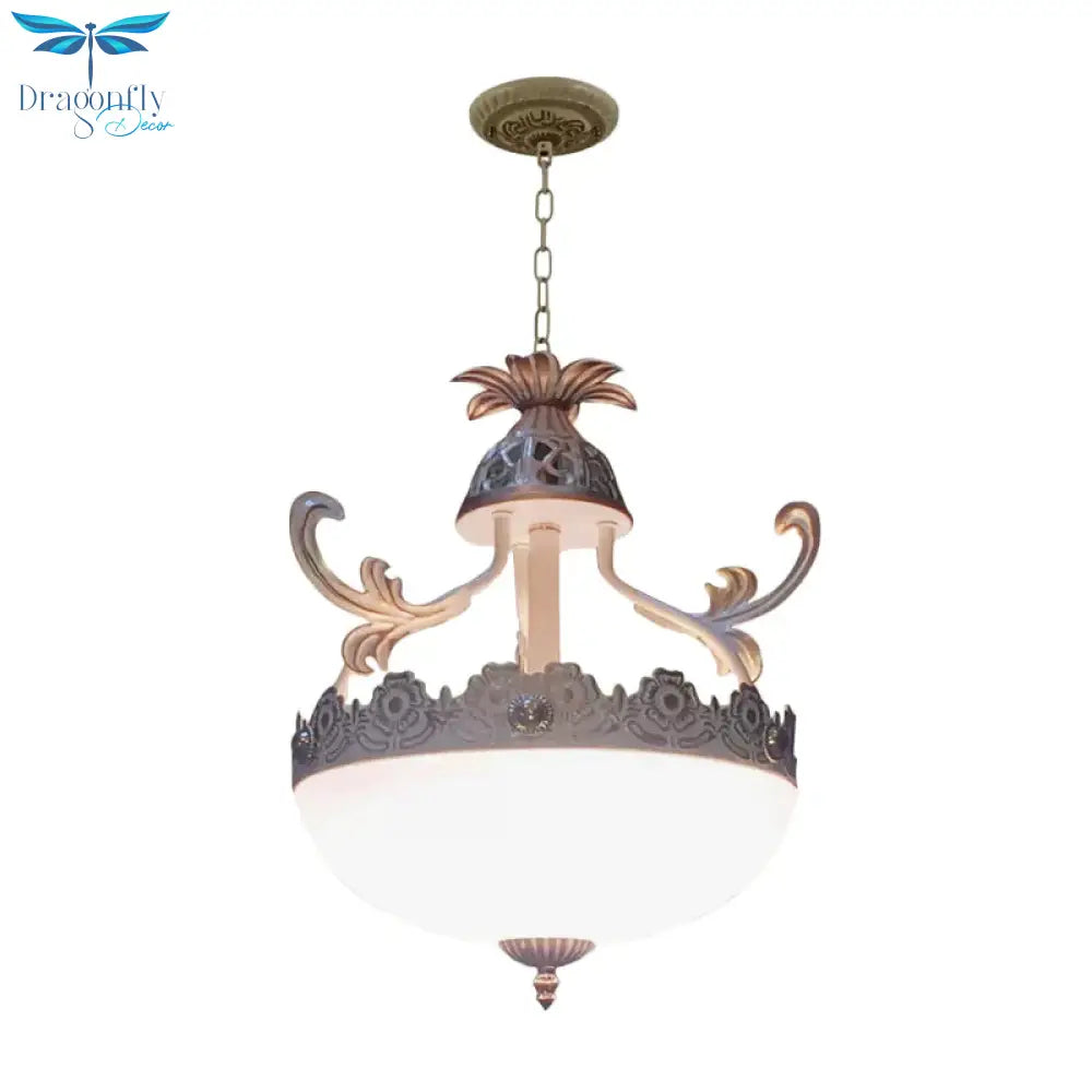 Traditional Dome Pendant Light Fixture 12’/16’/19.5’ Wide 3 Heads Hand - Worked White Glass