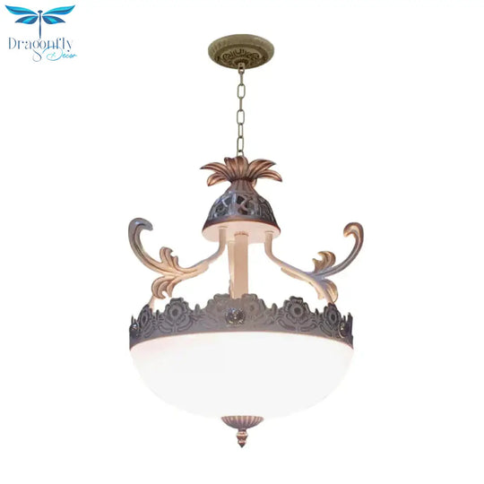 Traditional Dome Pendant Light Fixture 12’/16’/19.5’ Wide 3 Heads Hand - Worked White Glass