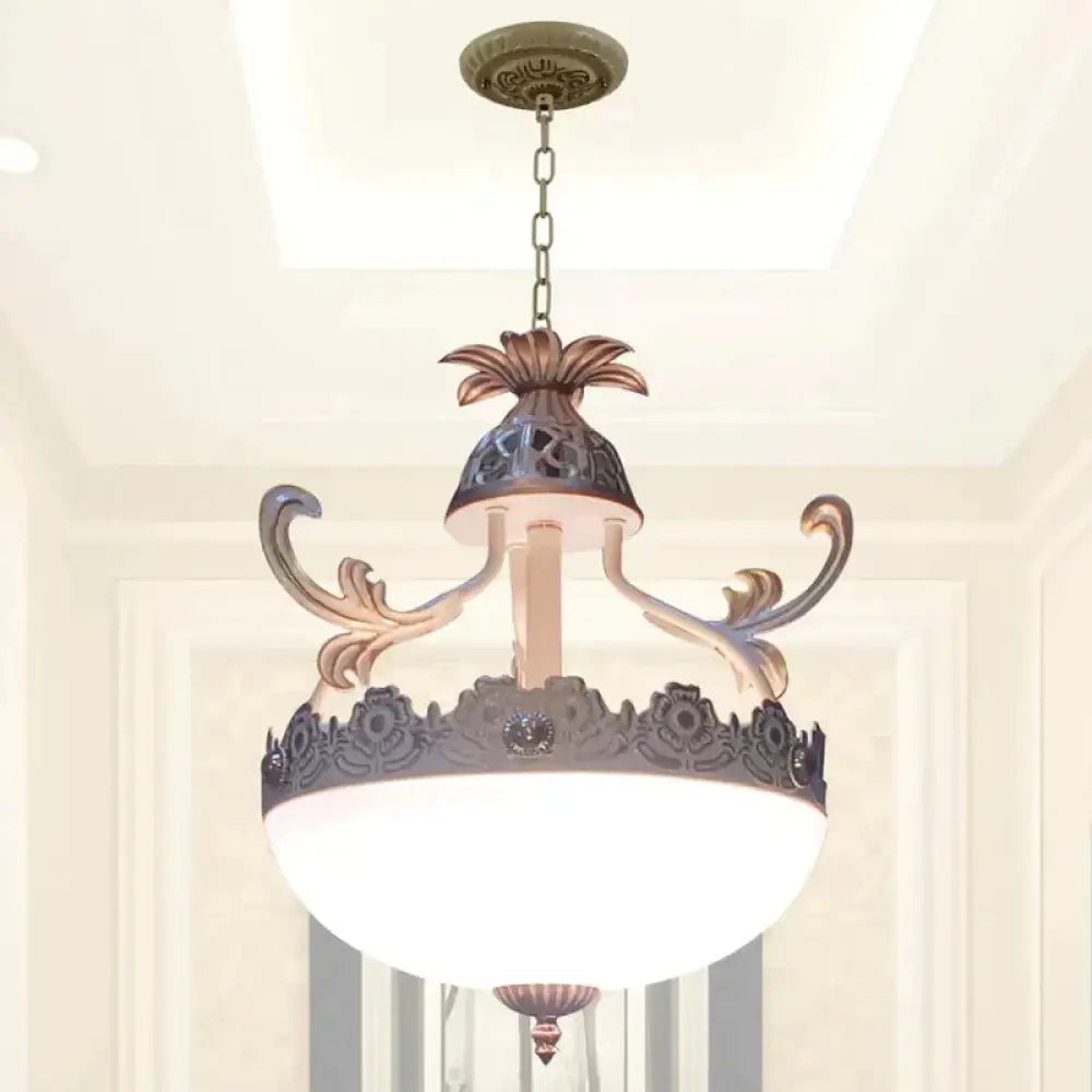 Traditional Dome Pendant Light Fixture 12’/16’/19.5’ Wide 3 Heads Hand - Worked White Glass