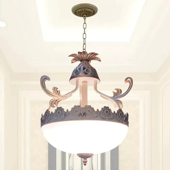 Traditional Dome Pendant Light Fixture 12’/16’/19.5’ Wide 3 Heads Hand - Worked White Glass