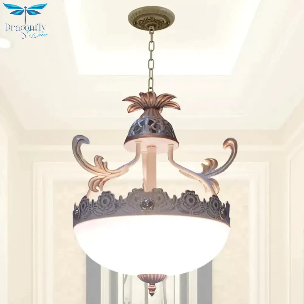 Traditional Dome Pendant Light Fixture 12’/16’/19.5’ Wide 3 Heads Hand - Worked White Glass