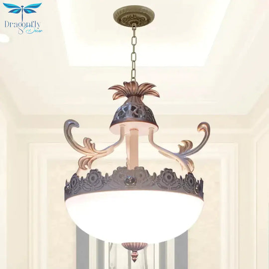 Traditional Dome Pendant Light Fixture 12’/16’/19.5’ Wide 3 Heads Hand - Worked White Glass