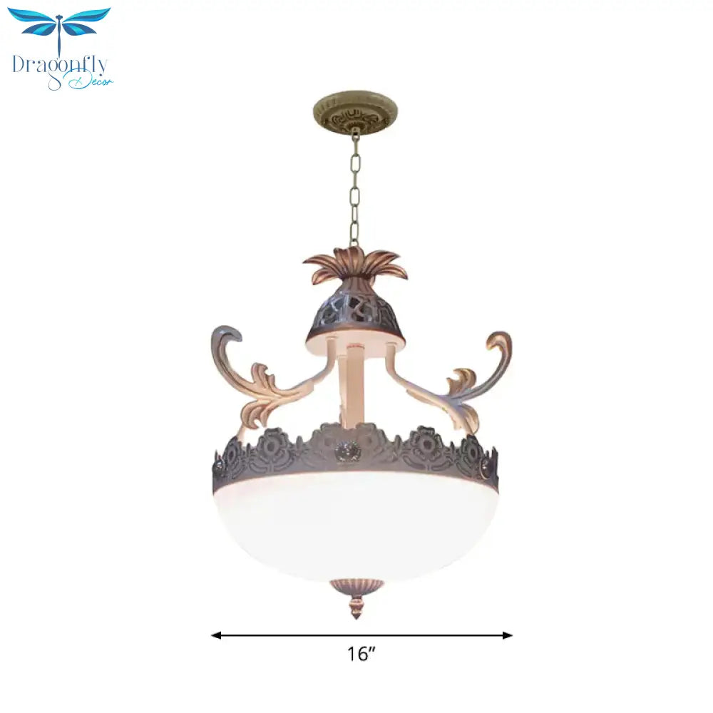 Traditional Dome Pendant Light Fixture 12’/16’/19.5’ Wide 3 Heads Hand - Worked White Glass