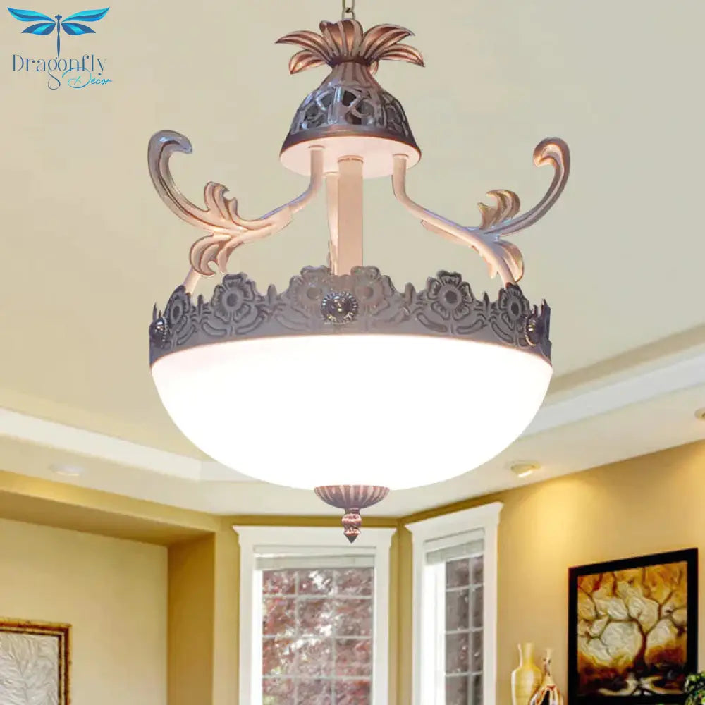 Traditional Dome Pendant Light Fixture 12’/16’/19.5’ Wide 3 Heads Hand - Worked White Glass