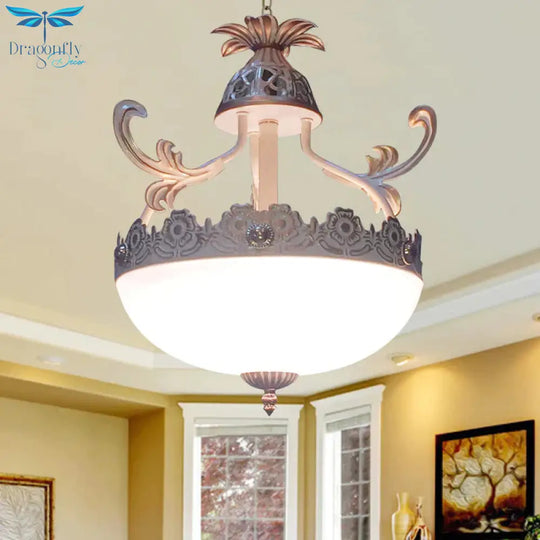 Traditional Dome Pendant Light Fixture 12’/16’/19.5’ Wide 3 Heads Hand - Worked White Glass