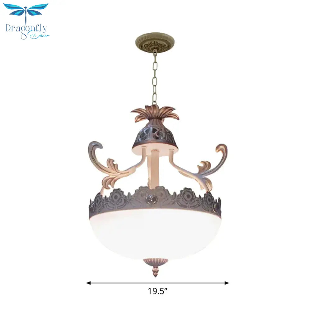 Traditional Dome Pendant Light Fixture 12’/16’/19.5’ Wide 3 Heads Hand - Worked White Glass