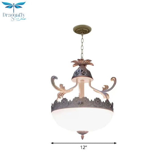 Traditional Dome Pendant Light Fixture 12’/16’/19.5’ Wide 3 Heads Hand - Worked White Glass