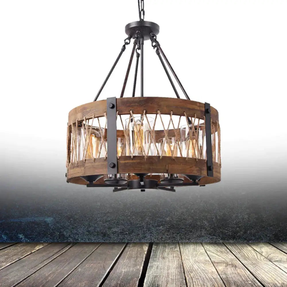 Traditional Drum Shaped Hanging Lamp 5 Bulbs Wooden Chandelier Light Fixture In Brown