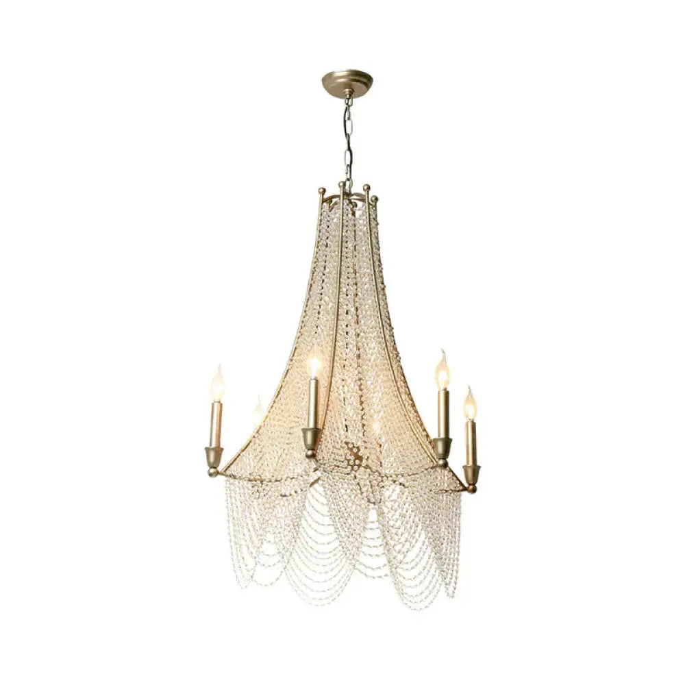 Traditional Flared Chandelier Light 6 Lights Crystal Strand Suspension Lighting In Gold