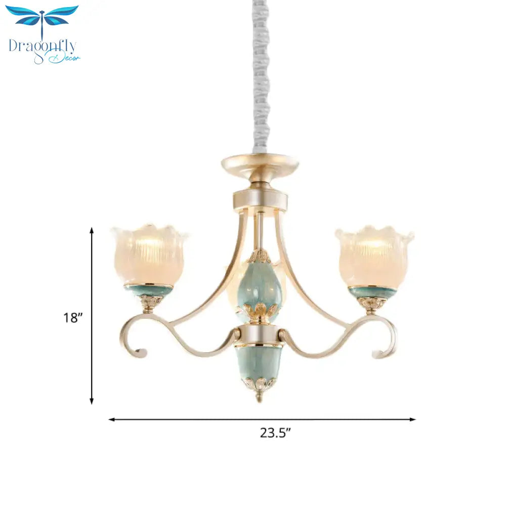 Traditional Floral Ceiling Chandelier 3/5/6 Lights Frosted Glass Pendant Lighting Fixture In Gold