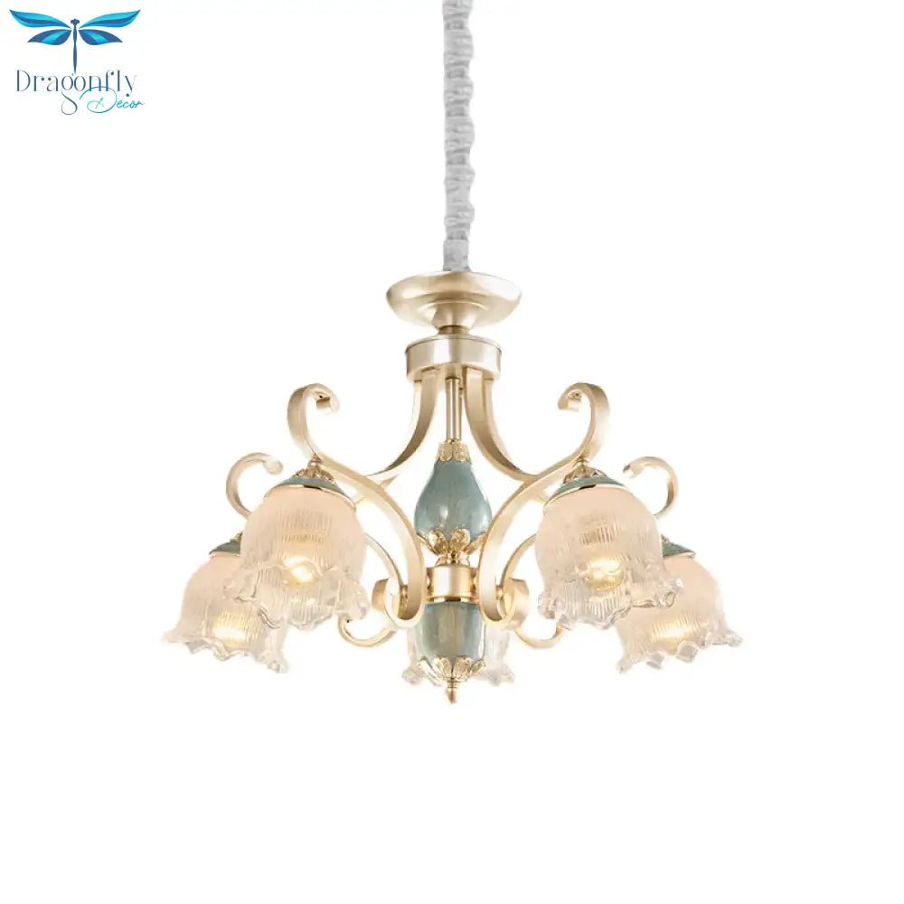 Traditional Floral Ceiling Chandelier 3/5/6 Lights Frosted Glass Pendant Lighting Fixture In Gold