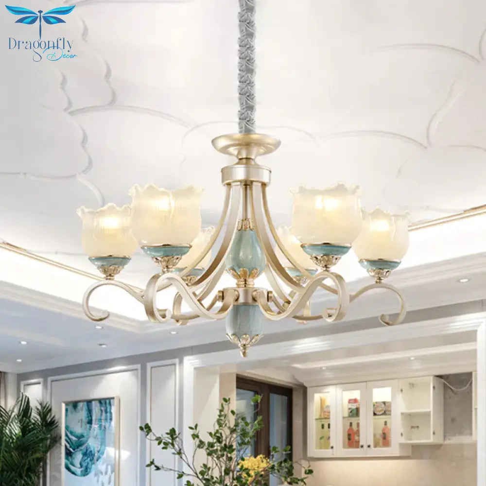 Traditional Floral Ceiling Chandelier 3/5/6 Lights Frosted Glass Pendant Lighting Fixture In Gold