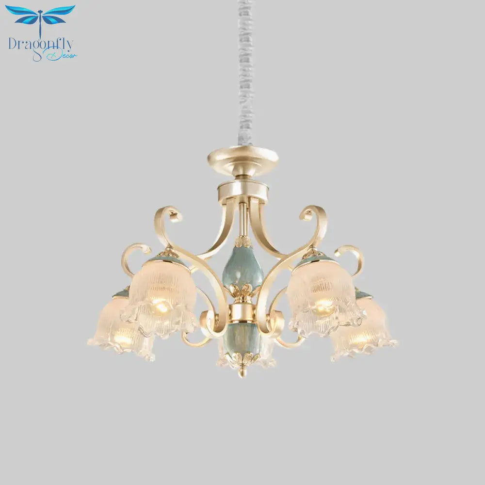 Traditional Floral Ceiling Chandelier 3/5/6 Lights Frosted Glass Pendant Lighting Fixture In Gold