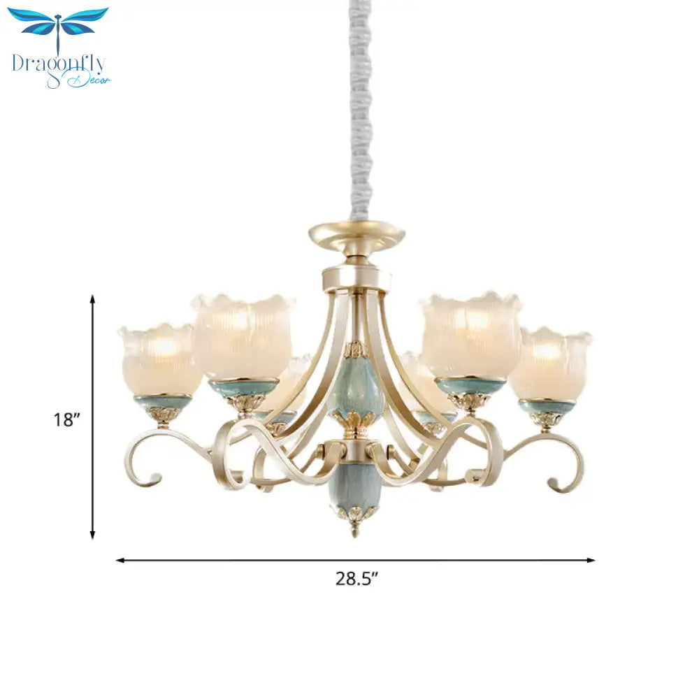 Traditional Floral Ceiling Chandelier 3/5/6 Lights Frosted Glass Pendant Lighting Fixture In Gold