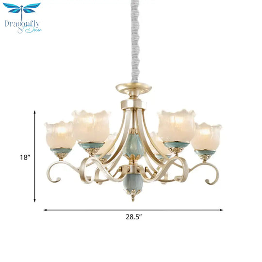 Traditional Floral Ceiling Chandelier 3/5/6 Lights Frosted Glass Pendant Lighting Fixture In Gold