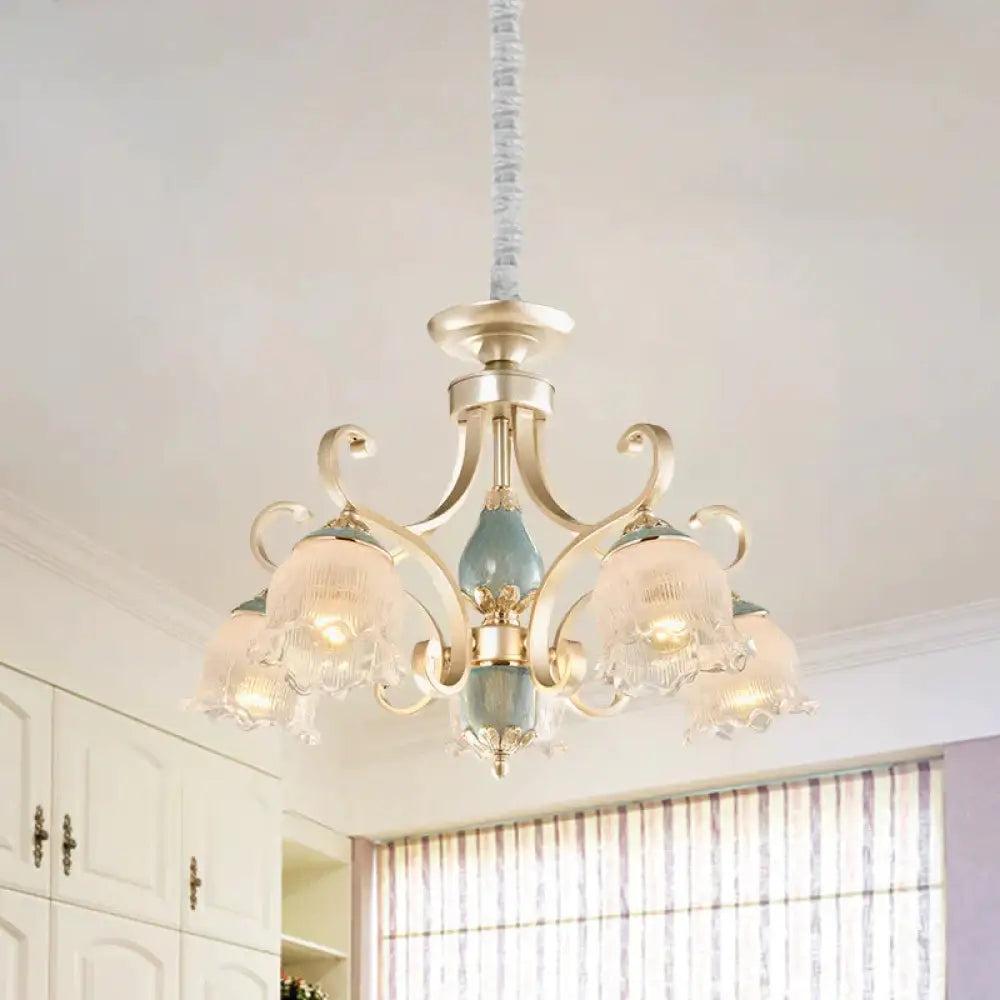 Traditional Floral Ceiling Chandelier 3/5/6 Lights Frosted Glass Pendant Lighting Fixture In Gold 5