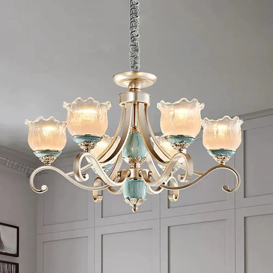 Traditional Floral Ceiling Chandelier 3/5/6 Lights Frosted Glass Pendant Lighting Fixture In Gold 6
