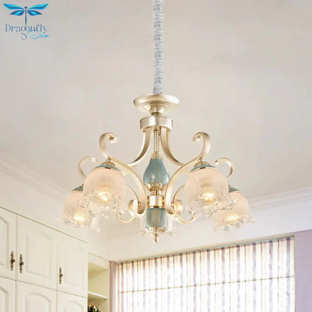 Traditional Floral Ceiling Chandelier 3/5/6 Lights Frosted Glass Pendant Lighting Fixture In Gold