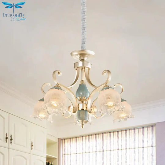 Traditional Floral Ceiling Chandelier 3/5/6 Lights Frosted Glass Pendant Lighting Fixture In Gold