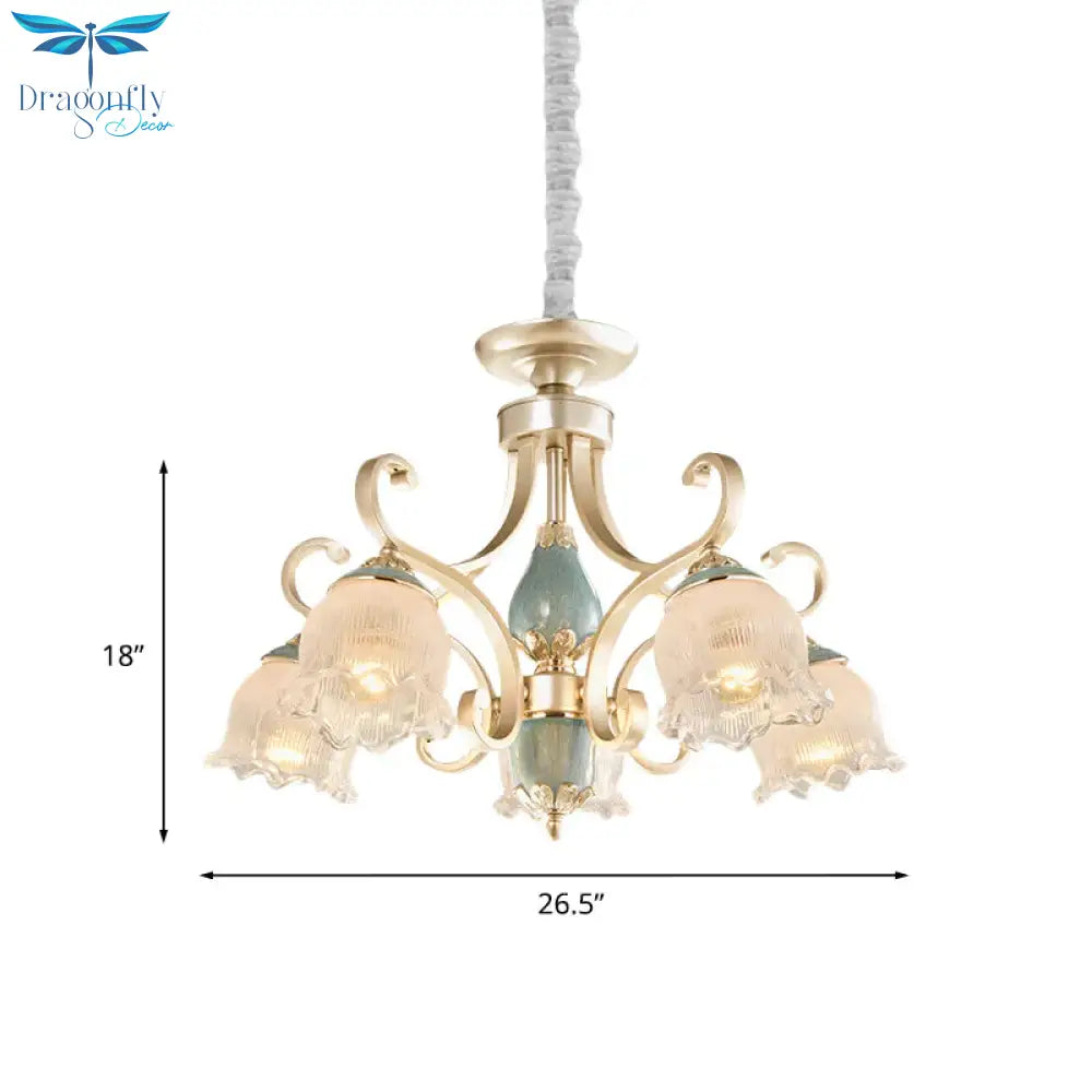 Traditional Floral Ceiling Chandelier 3/5/6 Lights Frosted Glass Pendant Lighting Fixture In Gold