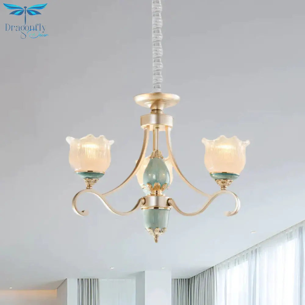 Traditional Floral Ceiling Chandelier 3/5/6 Lights Frosted Glass Pendant Lighting Fixture In Gold