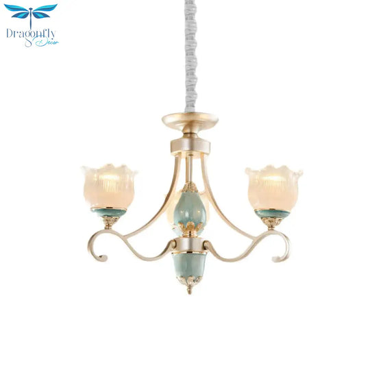 Traditional Floral Ceiling Chandelier 3/5/6 Lights Frosted Glass Pendant Lighting Fixture In Gold