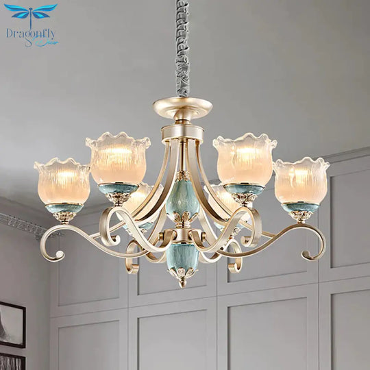 Traditional Floral Ceiling Chandelier 3/5/6 Lights Frosted Glass Pendant Lighting Fixture In Gold