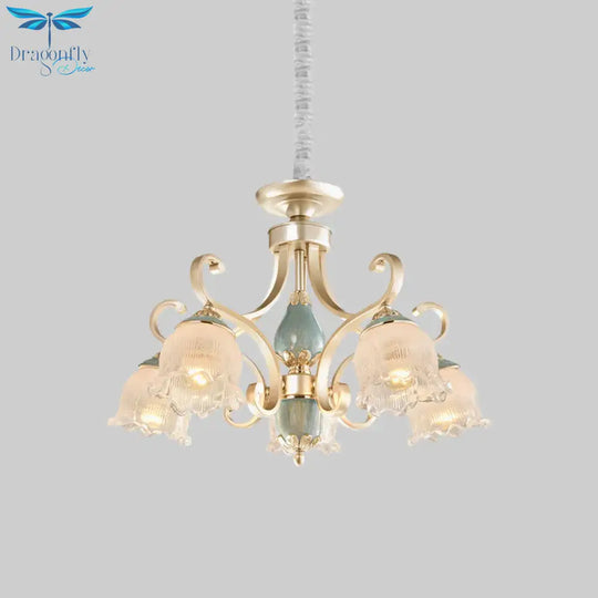 Traditional Floral Ceiling Chandelier 3/5/6 Lights Frosted Glass Pendant Lighting Fixture In Gold