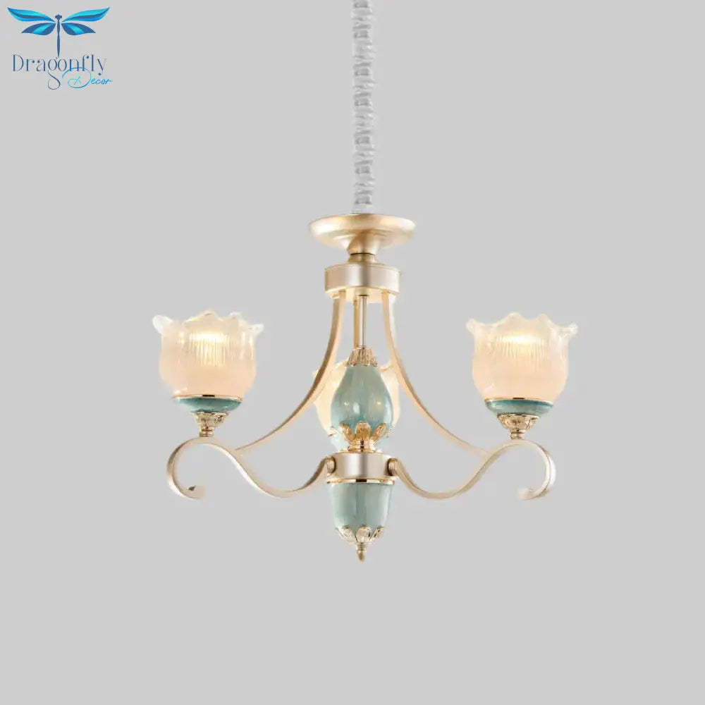 Traditional Floral Ceiling Chandelier 3/5/6 Lights Frosted Glass Pendant Lighting Fixture In Gold