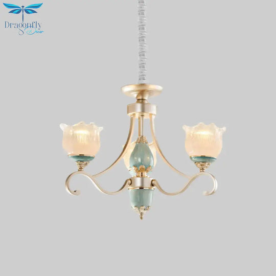 Traditional Floral Ceiling Chandelier 3/5/6 Lights Frosted Glass Pendant Lighting Fixture In Gold