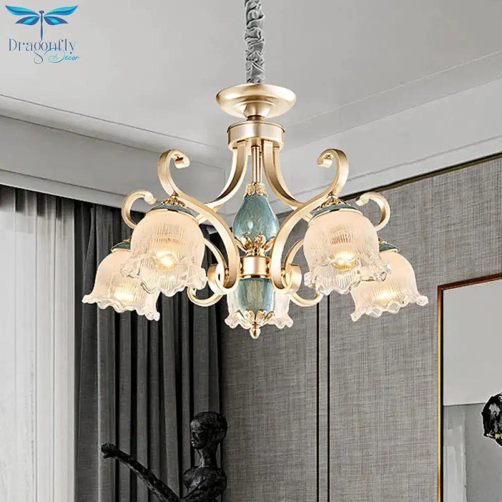 Traditional Floral Ceiling Chandelier 3/5/6 Lights Frosted Glass Pendant Lighting Fixture In Gold