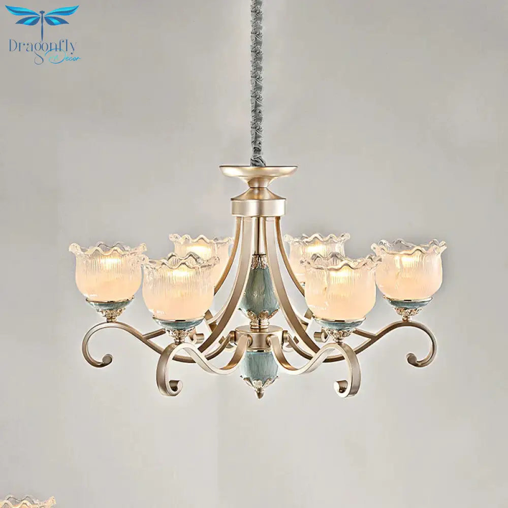 Traditional Floral Ceiling Chandelier 3/5/6 Lights Frosted Glass Pendant Lighting Fixture In Gold