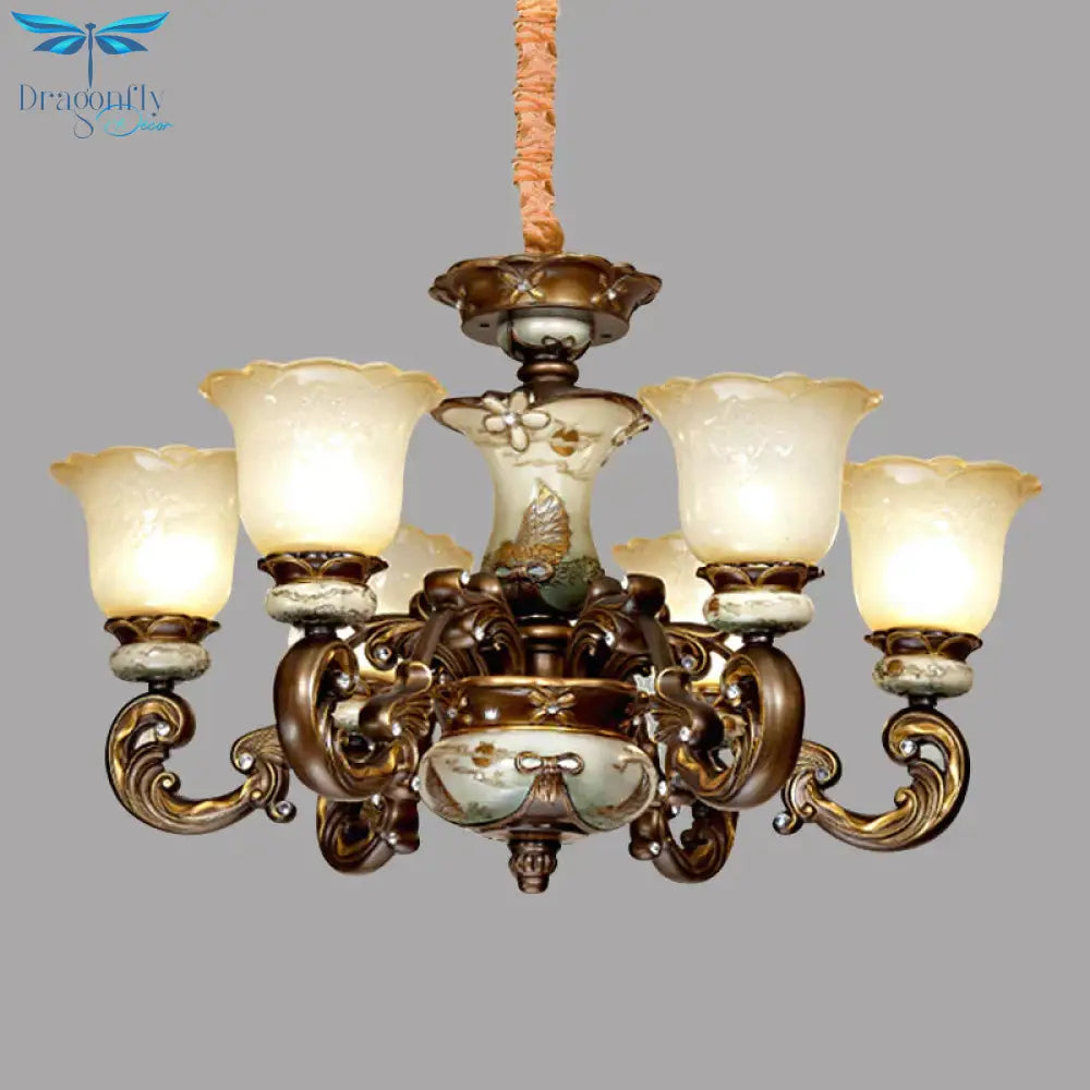 Traditional Floral Shade Chandelier Light 6/8 Lights Cream Glass Suspended Lighting Fixture In Brown