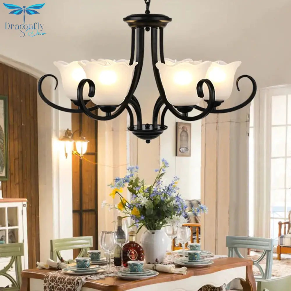 Traditional Frosted Glass Bedroom Chandelier Pendant 4/6/8 Light In Black