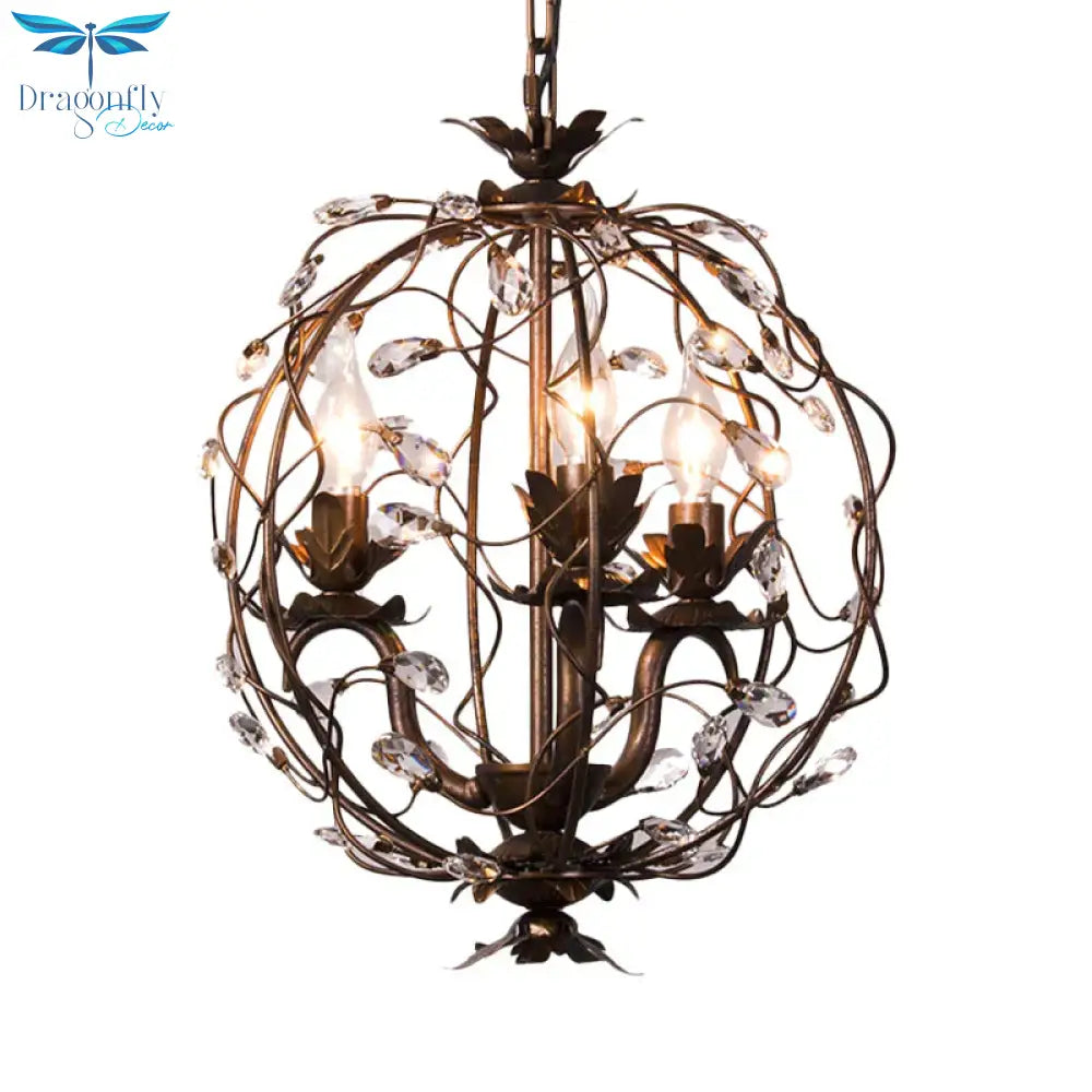 Traditional Globe Hanging Chandelier Metal 3/5 Bulbs Suspension Light In Antique Brass With Crystal