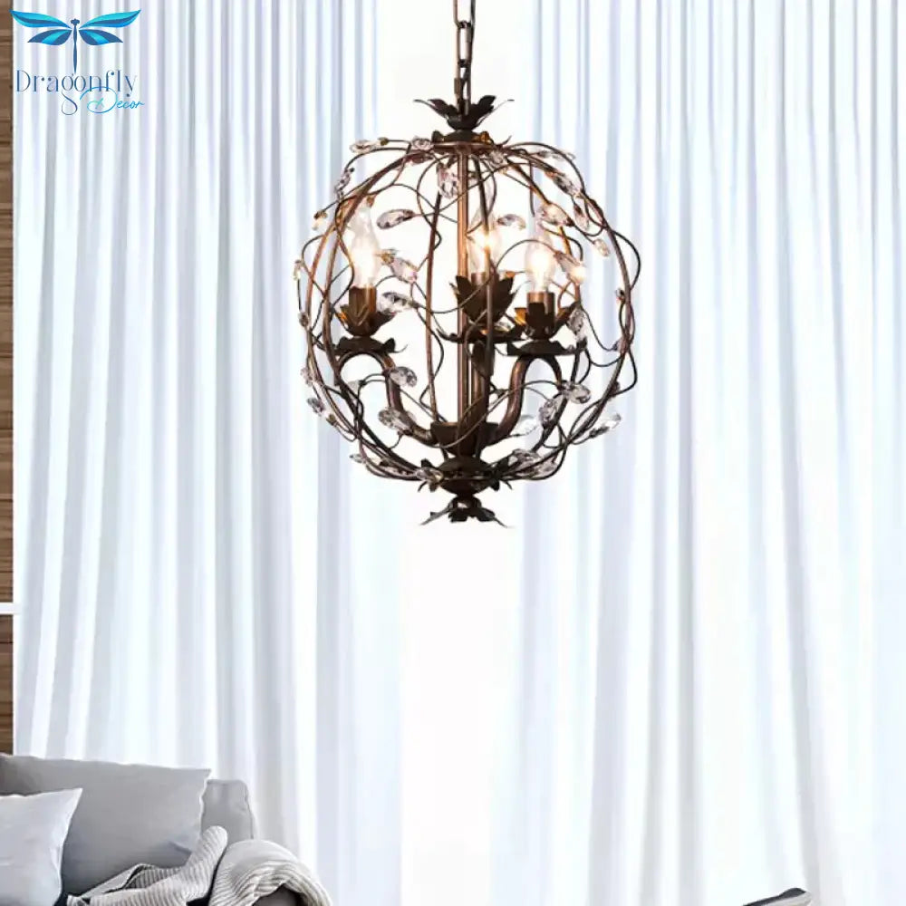Traditional Globe Hanging Chandelier Metal 3/5 Bulbs Suspension Light In Antique Brass With Crystal