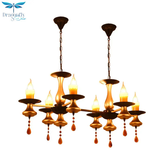 Traditional Iron Bellied Oval Vase Hanging Lamp With Resin Candle 3/5/6 Lights Golden Chandelier