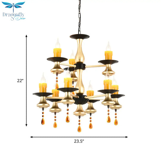 Traditional Iron Bellied Oval Vase Hanging Lamp With Resin Candle 3/5/6 Lights Golden Chandelier
