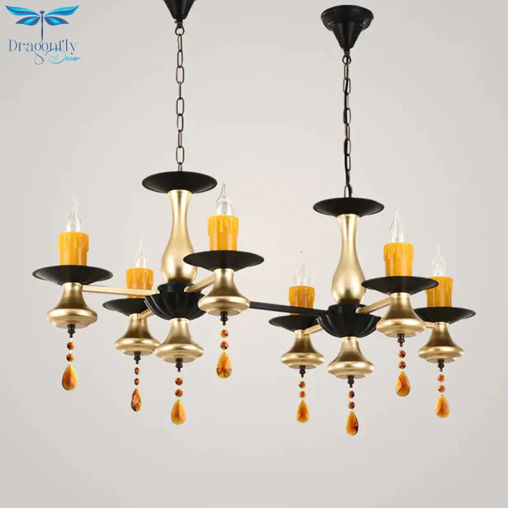 Traditional Iron Bellied Oval Vase Hanging Lamp With Resin Candle 3/5/6 Lights Golden Chandelier