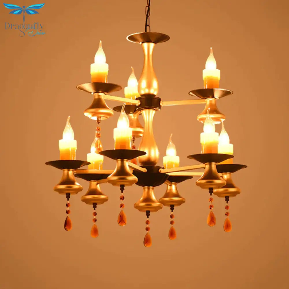 Traditional Iron Bellied Oval Vase Hanging Lamp With Resin Candle 3/5/6 Lights Golden Chandelier