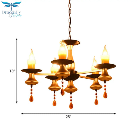 Traditional Iron Bellied Oval Vase Hanging Lamp With Resin Candle 3/5/6 Lights Golden Chandelier