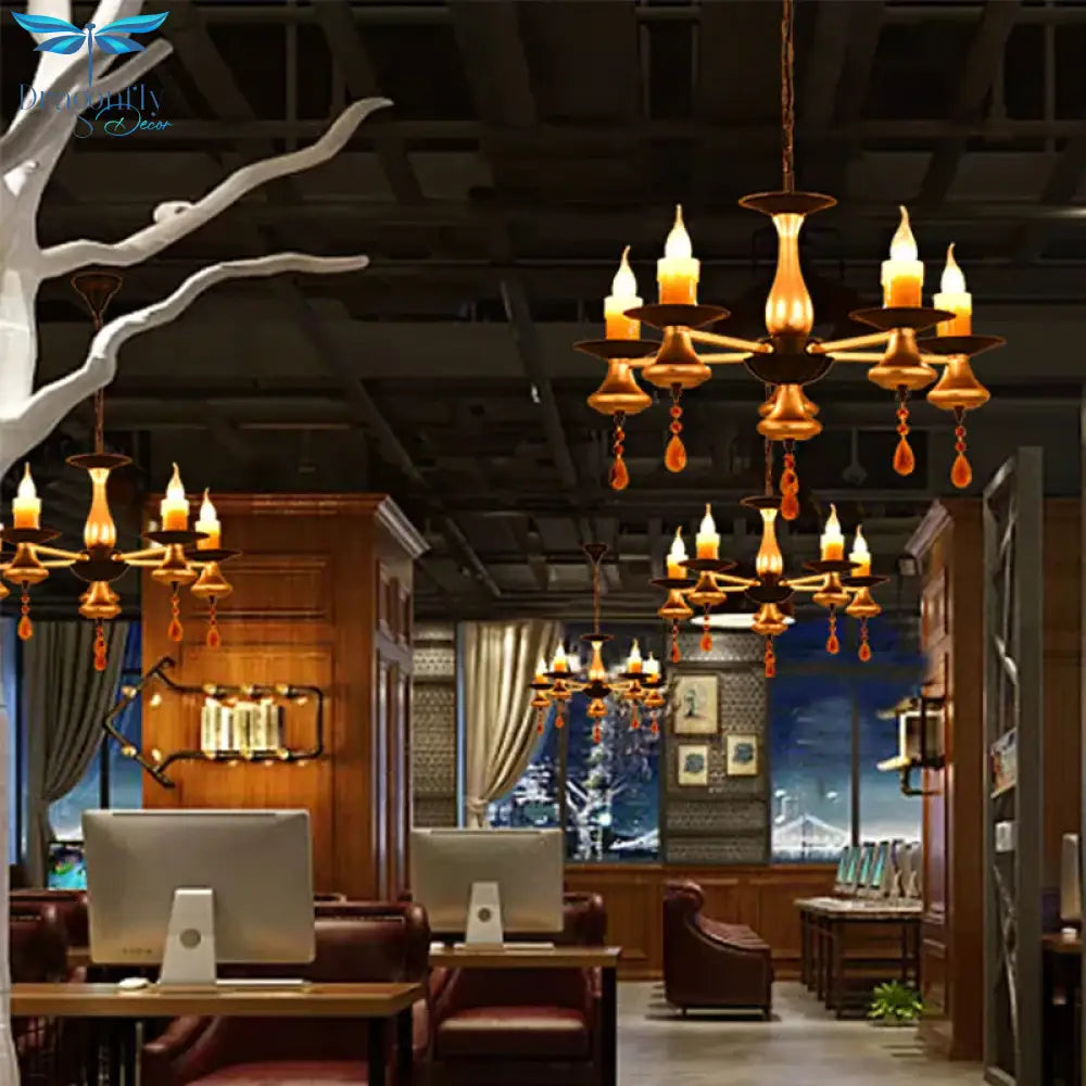 Traditional Iron Bellied Oval Vase Hanging Lamp With Resin Candle 3/5/6 Lights Golden Chandelier