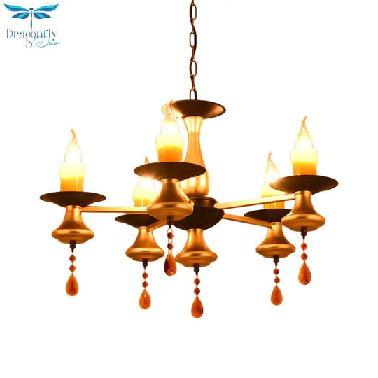 Traditional Iron Bellied Oval Vase Hanging Lamp With Resin Candle 3/5/6 Lights Golden Chandelier