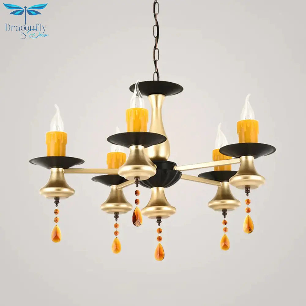 Traditional Iron Bellied Oval Vase Hanging Lamp With Resin Candle 3/5/6 Lights Golden Chandelier