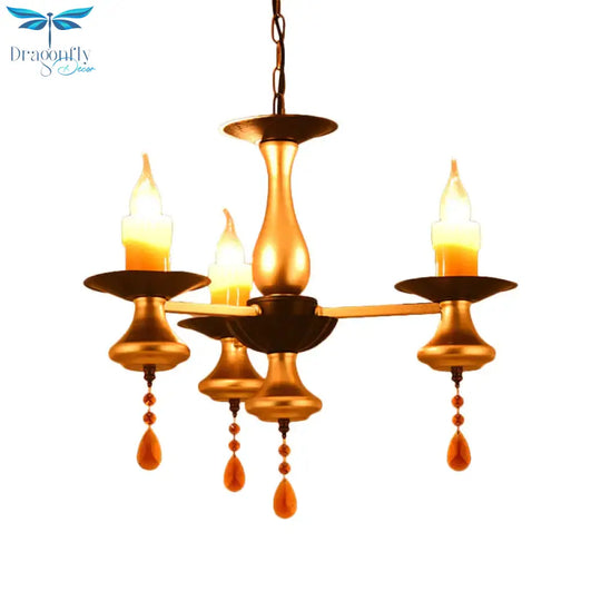 Traditional Iron Bellied Oval Vase Hanging Lamp With Resin Candle 3/5/6 Lights Golden Chandelier