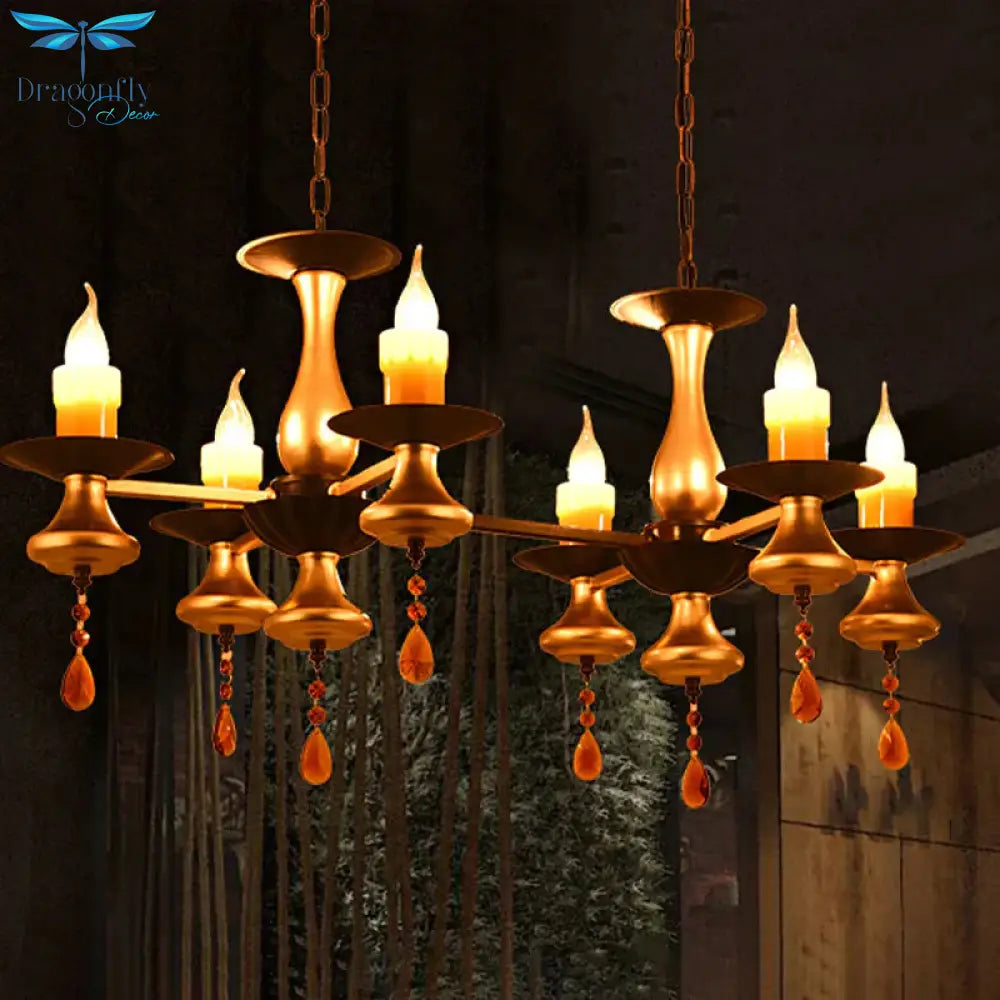 Traditional Iron Bellied Oval Vase Hanging Lamp With Resin Candle 3/5/6 Lights Golden Chandelier