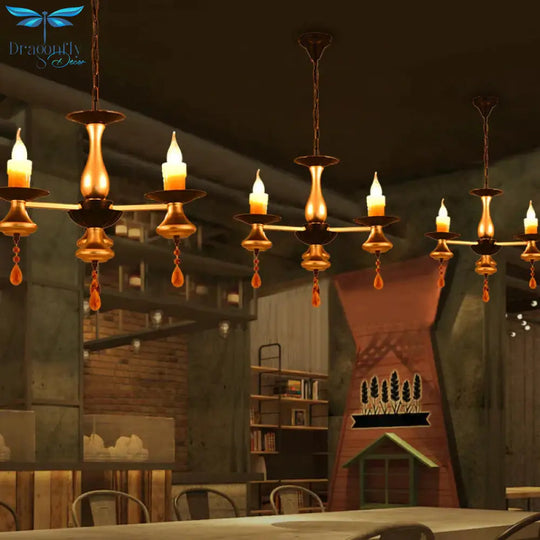 Traditional Iron Bellied Oval Vase Hanging Lamp With Resin Candle 3/5/6 Lights Golden Chandelier