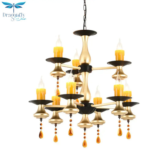 Traditional Iron Bellied Oval Vase Hanging Lamp With Resin Candle 3/5/6 Lights Golden Chandelier