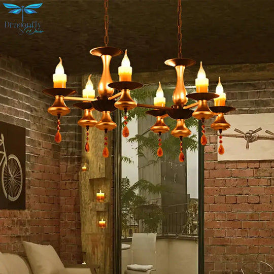 Traditional Iron Bellied Oval Vase Hanging Lamp With Resin Candle 3/5/6 Lights Golden Chandelier