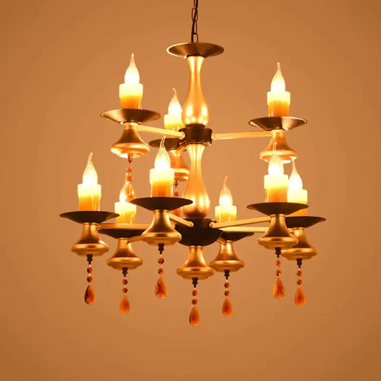 Traditional Iron Bellied Oval Vase Hanging Lamp With Resin Candle 3/5/6 Lights Golden Chandelier 9 /